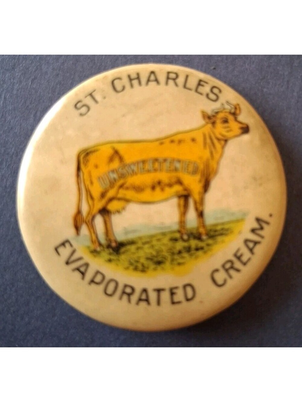 St Charles Unsweetened Evaporated Cream 1.25" Celluloid Pinback Button c1920s